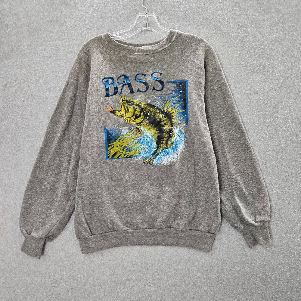 VINTAGE Bass Women Sweatshirts‎ Large Gray Lure Fishing Graphic 90s USA